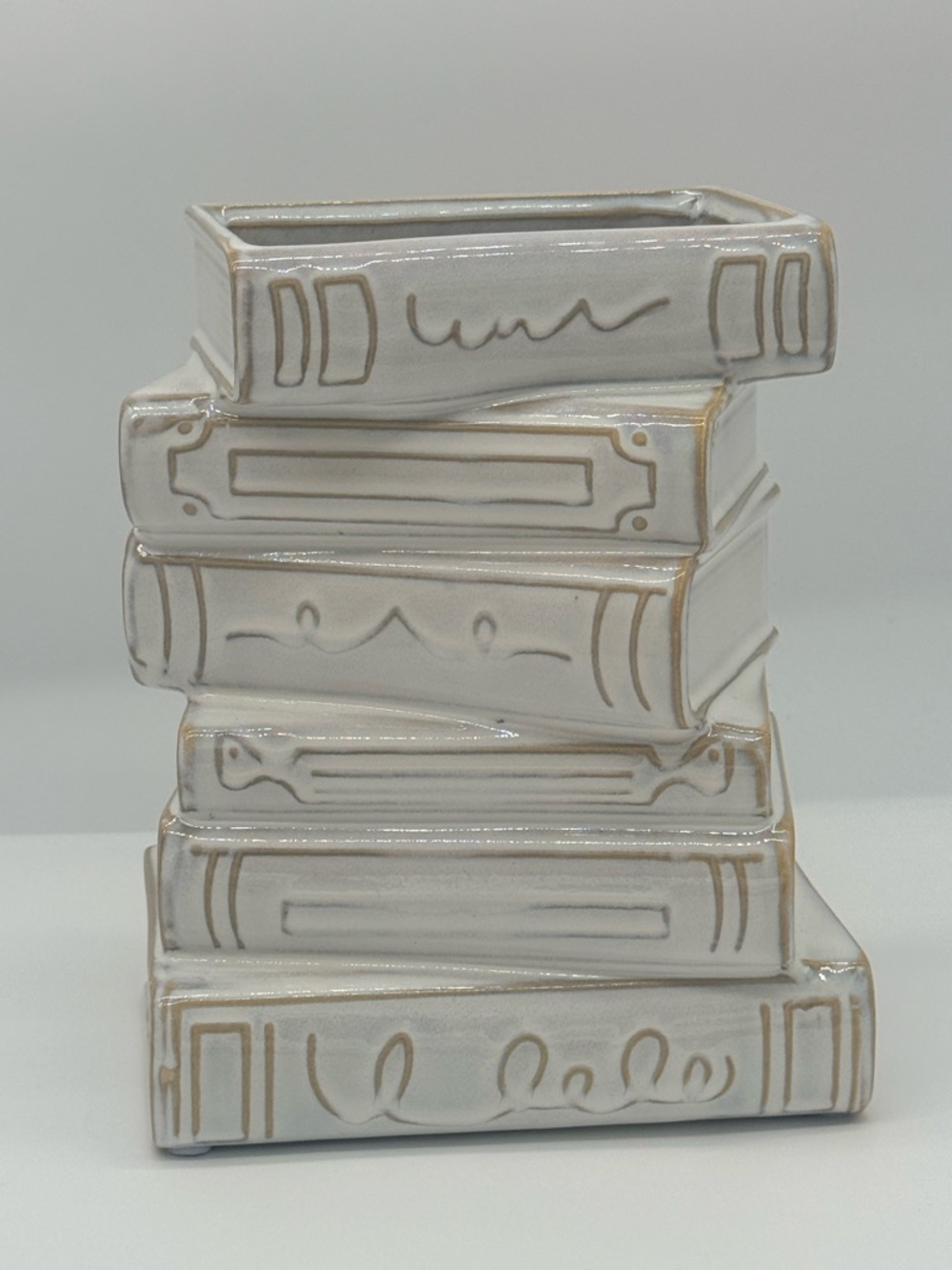 Neutral Ceramic Stacked Book Vase - White